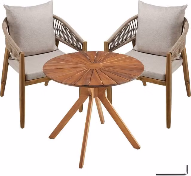tectake 3-Piece Acacia Wood Garden Set in Sand with Round Height-Adjustable Table and 2 Chairs