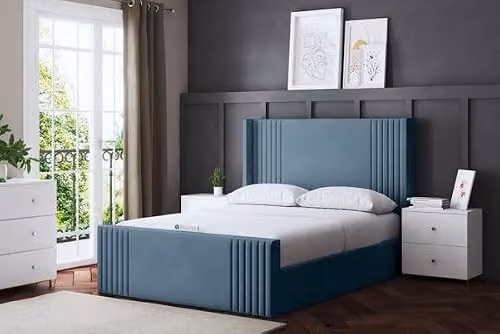 DS Living Elara Winged Metallic Blue Velvet Ottoman Bed with Headboard, Single, W: 90 cm, D: 190 cm, H: 30 cm