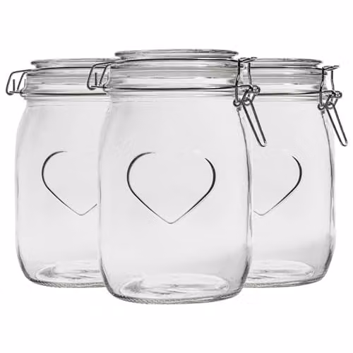 Nicola Spring Heart Shaped Glass Storage Jars with Airtight Clip Lids, 1000ml, Pack of 3, Multicolour Seals – 1
