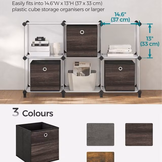 SONGMICS Set of 6 Foldable Fabric Storage Cubes with Handles, Brown, W/D/H: 30 x 30 x 27 cm