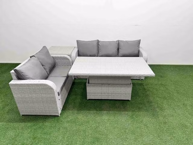 Fimous 5 Seater Grey PE Rattan Wicker Garden Furniture Set with Adjustable Lifting Dining or Coffee Table