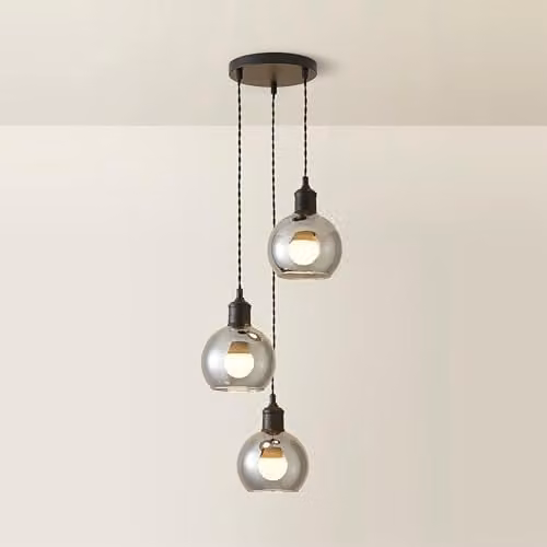 ValueLights Bellamy 3 Drop Cluster Ceiling Pendant Light with Smoked Glass Globes in Matte Black