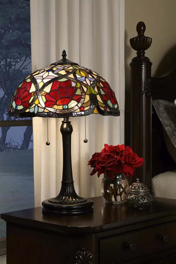 Loops Art Nouveau Tiffany Style Twin Table Lamp with Multicolour Glass and Bronze Metal Base, H: 40.6 cm – 2