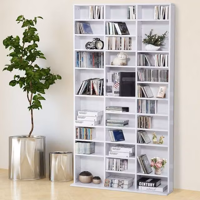 HOMCOM Modern White Freestanding CD DVD Media Storage Shelves with Adjustable Compartments