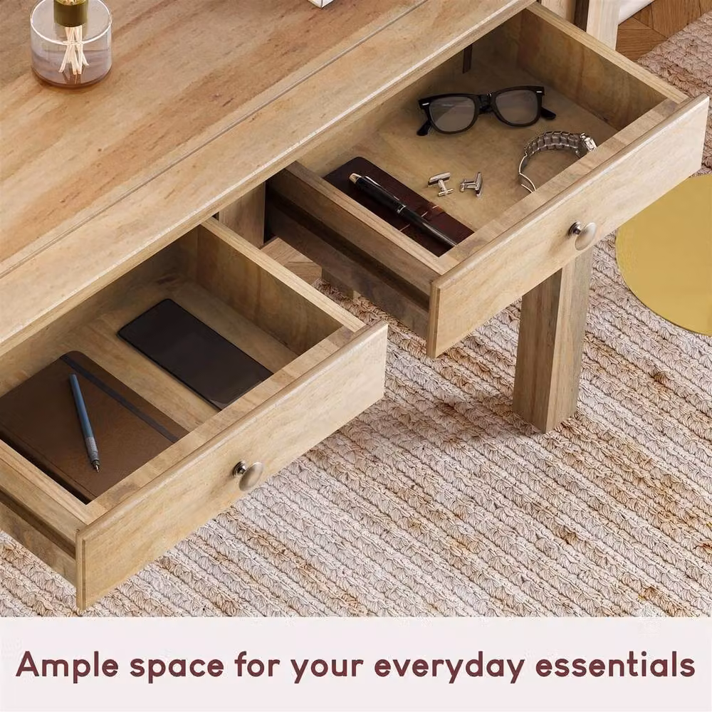 FORGEVIO 2 Drawer Solid Wood Pine Console Table with Shelf, Light Brown, W/D/H: 110 x 30 x 72 cm – 3