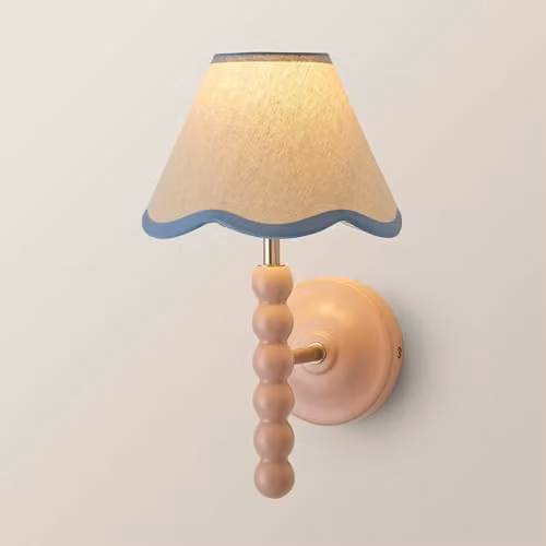 ValueLights Bobbin Pink Wall Light with Blue Trim Fabric Shade, Mains Wired