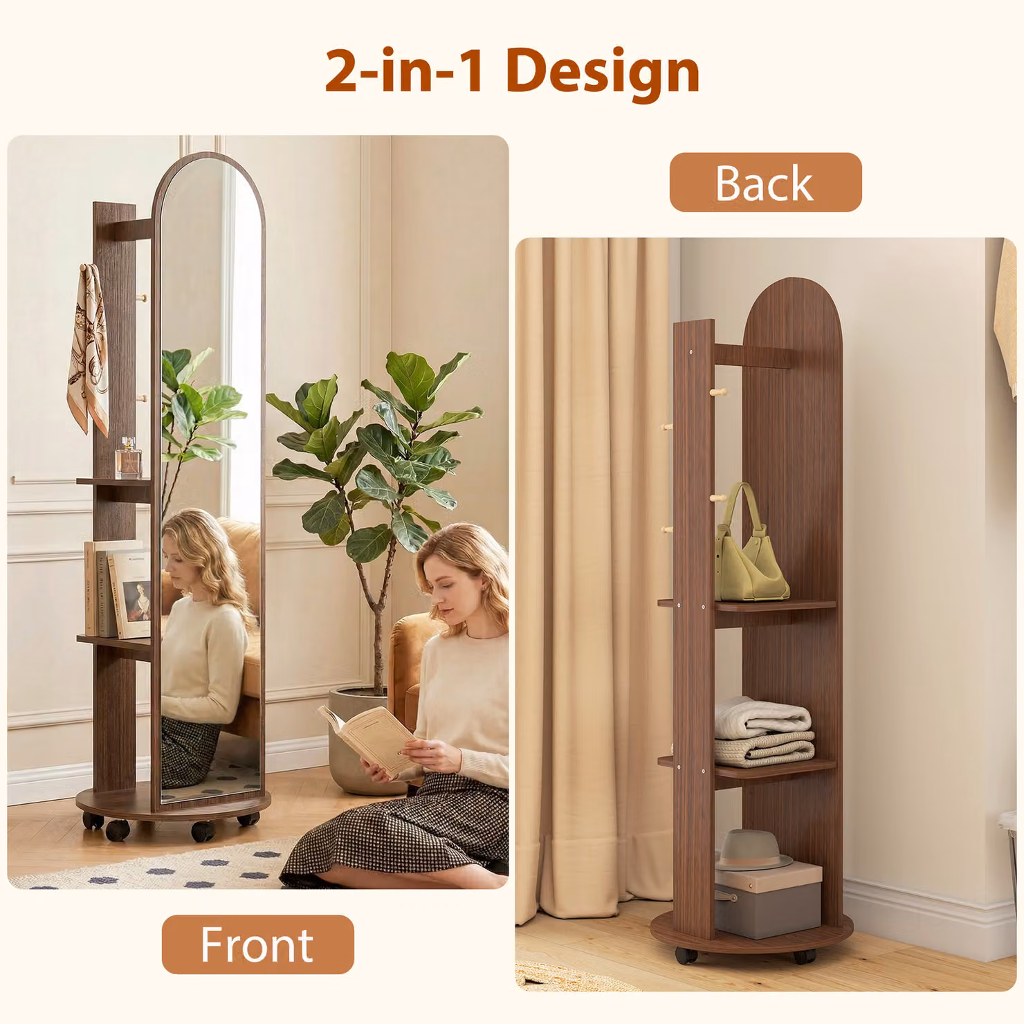 HOMCOM 2-in-1 Full Length Mirror with Storage Shelves and Coat Rack, Brown Wood Effect, H 167 x W 50 x D 18.5 cm – 4