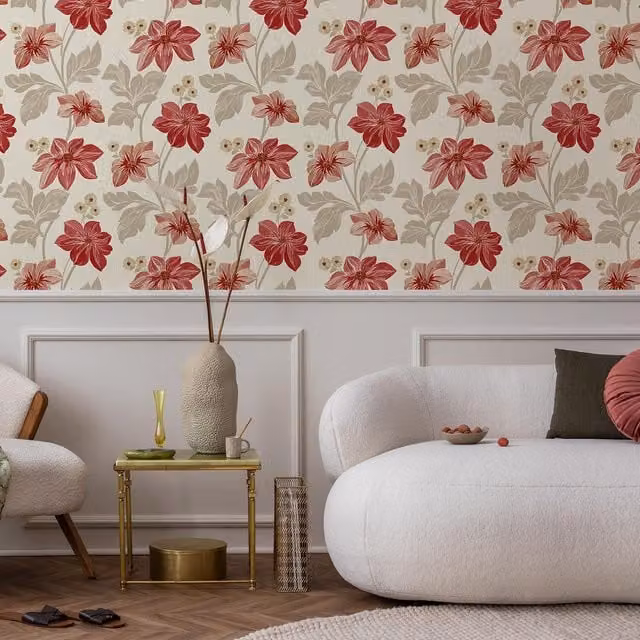 Grandeco Classic Botanical Floral Trail Wallpaper in Red and Yellow
