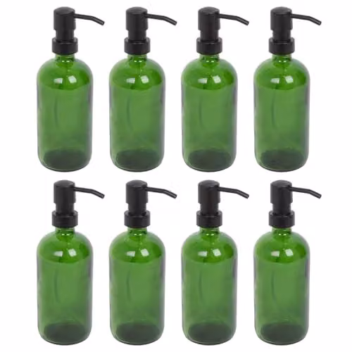 Harbour Housewares Pack of 8 Green Glass Refillable Soap Dispensers with Black Pumps, 500ml
