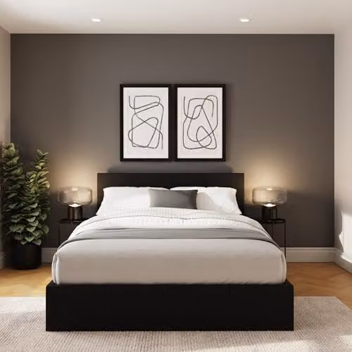 GFW Modern Upholstered Fabric Ottoman Bed Frame with Lift Up Base in Black or Grey, W/D/H: 151.0 x 140 x 200.98 cm