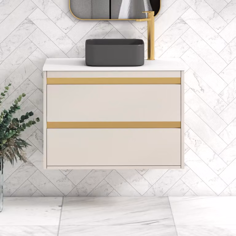 Royal Bathrooms Orion 800mm Warm Taupe Wall Hung Vanity Unit with White Art Square Basin and Brushed Brass Accents