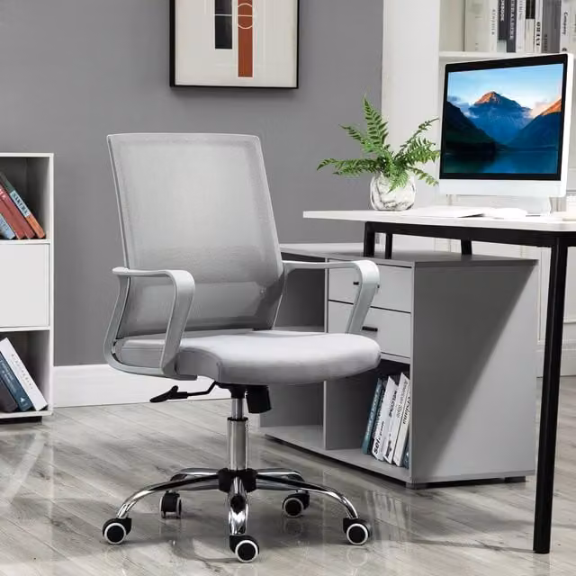 VINSETTO Ergonomic Grey Fabric Office Chair with 360 Degree Swivel and Adjustable Height – 1