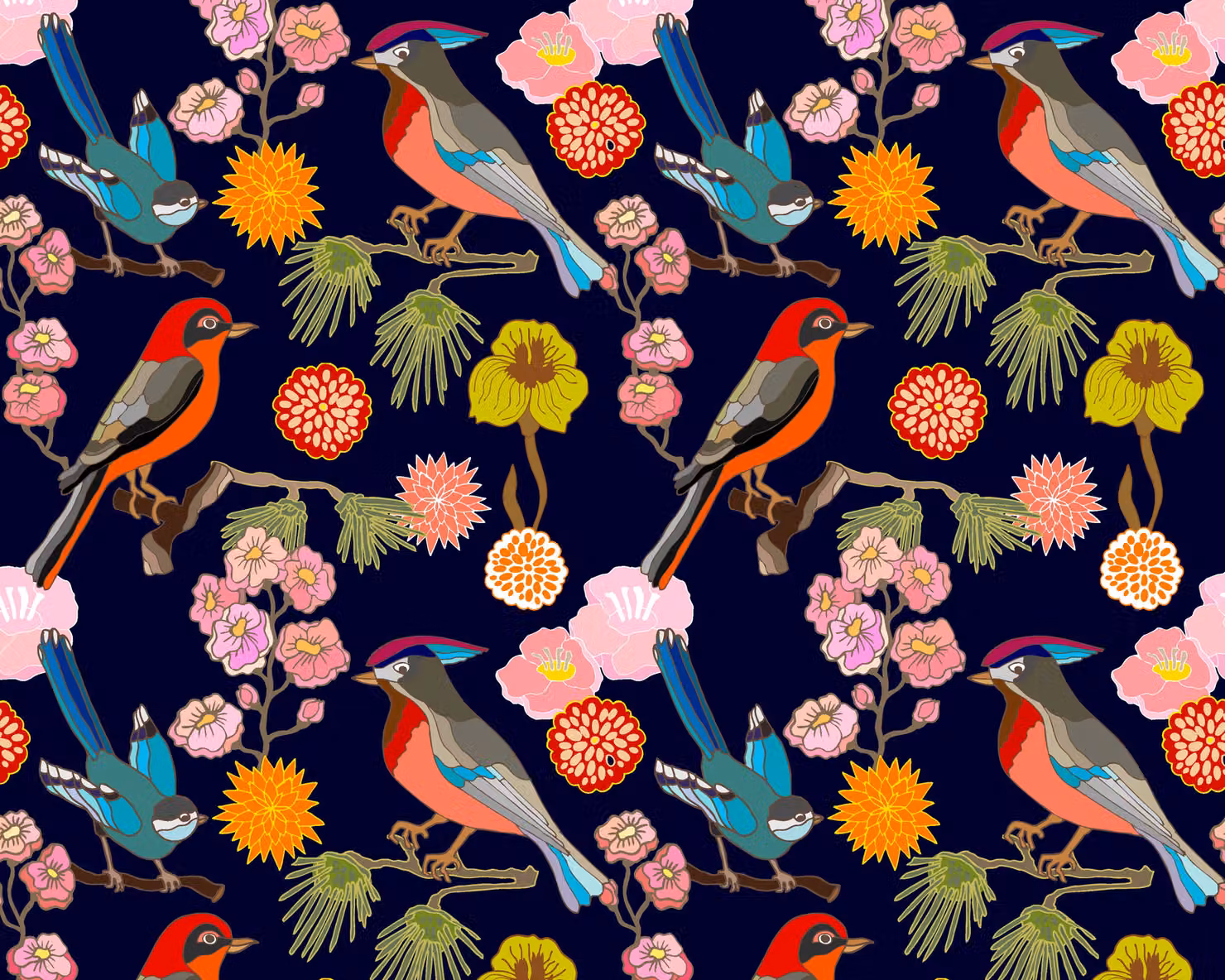 Origin Murals Floral Birds Wall Mural in Indigo and Multicolour, W: 350 cm, H: 280 cm – 3