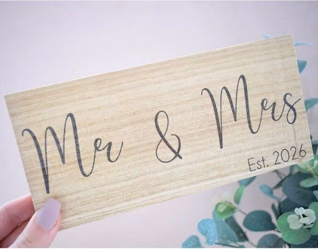 Amaya Rose Ltd Mr & Mrs Est 2026 Rustic Solid Wood Freestanding Tabletop Plaque in Beige