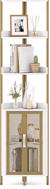 COSTWAY Modern White Freestanding Corner Bookshelf with Adjustable Shelves