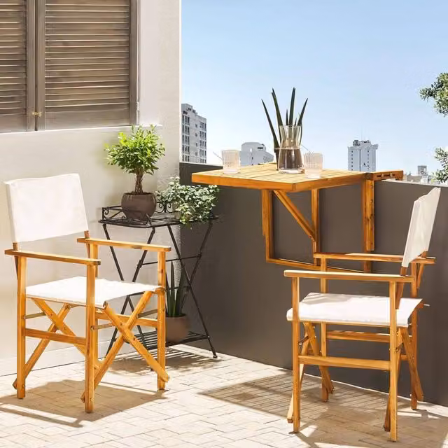 Wyld and Coco Set of 2 Folding Director's Chairs in Oiled Acacia Wood with White Fabric Sling