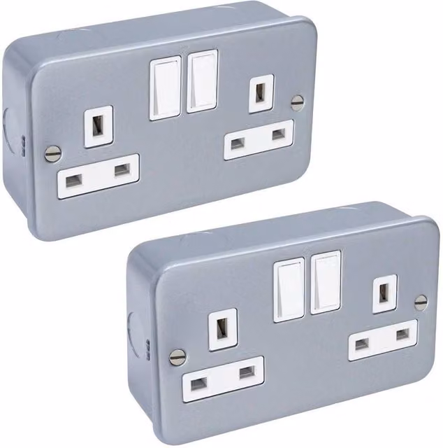 SPETLEK Metal Clad 13 Amp Double 2 Gang Switched Surface Socket, 2 Pack, Grey, W: 520 mm – 1
