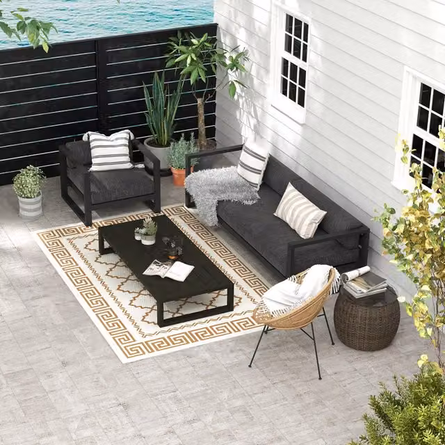 Outsunny Reversible Brown Ethnic Outdoor RV Rug for Garden and Modern Decor