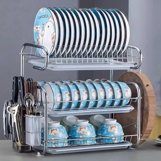 Kelvenix 3-Tier Dish Drying Rack with Drip Tray, Cutlery and Cup Holder in Silver – 1
