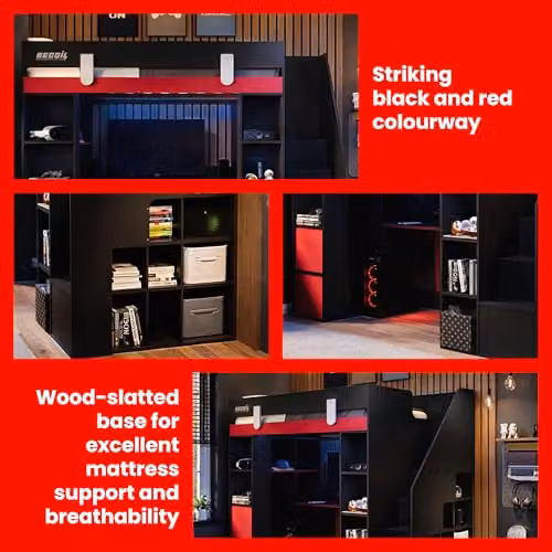 Flair Furnishings Blaze Single Staircase Gaming High Sleeper Bed with Storage and Side Compartments, Black and Red – 3