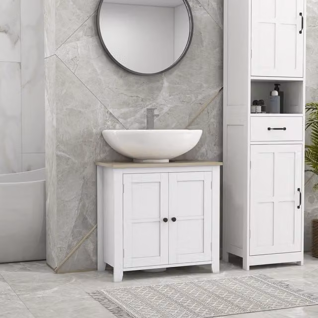 Kleankin White Modern Freestanding Bathroom Pedestal Under Sink Cabinet with 2 Hinged Doors and Internal Shelves