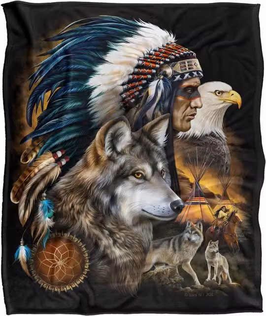 JQ Licensing Native American Wolf and Eagle Silky Touch Super Soft Fleece Throw Blanket, White and Multicolour, W: 152 cm, D: 127 cm – 6