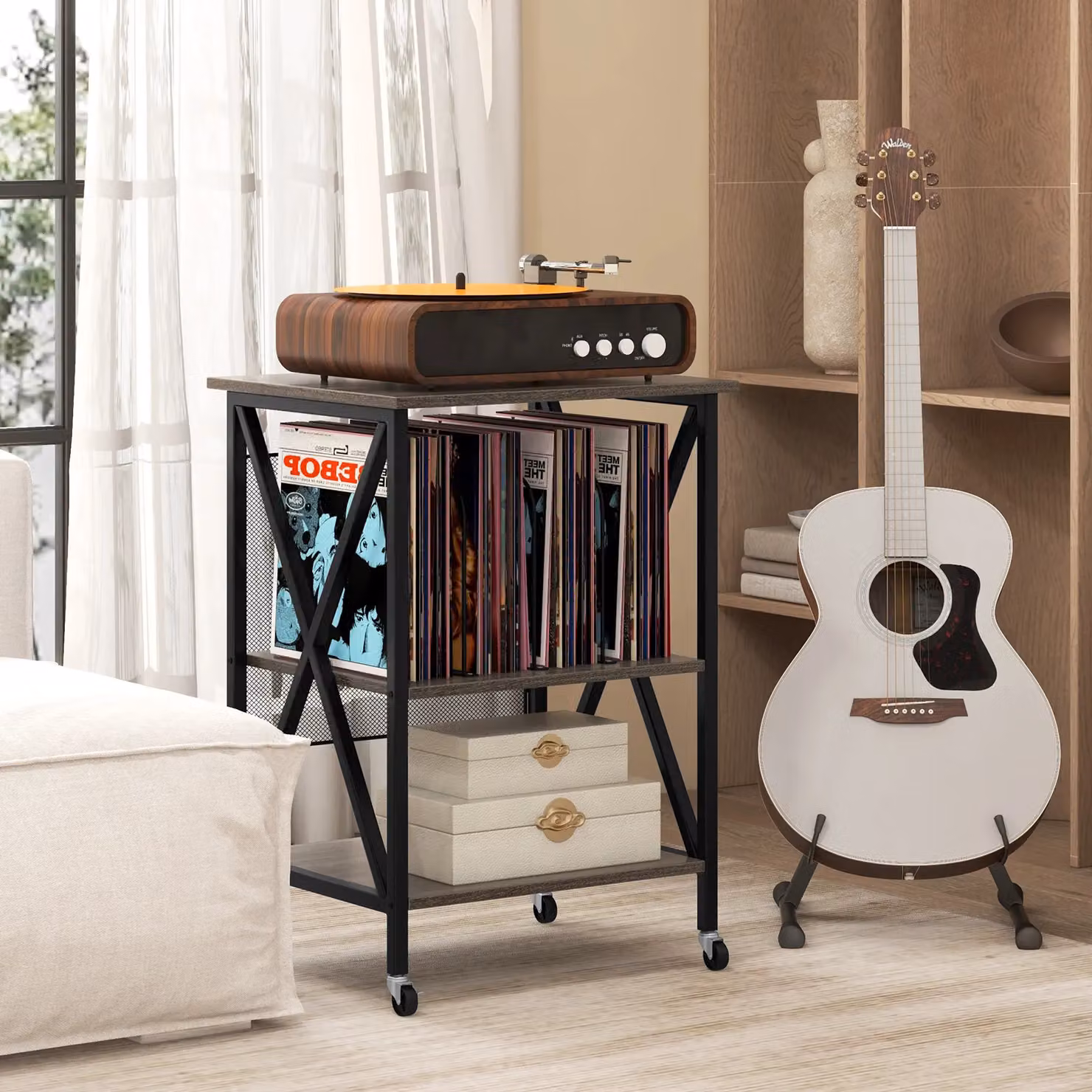 Costway Grey Record Player and Turntable Stand with Divider and Lockable Castors – 7