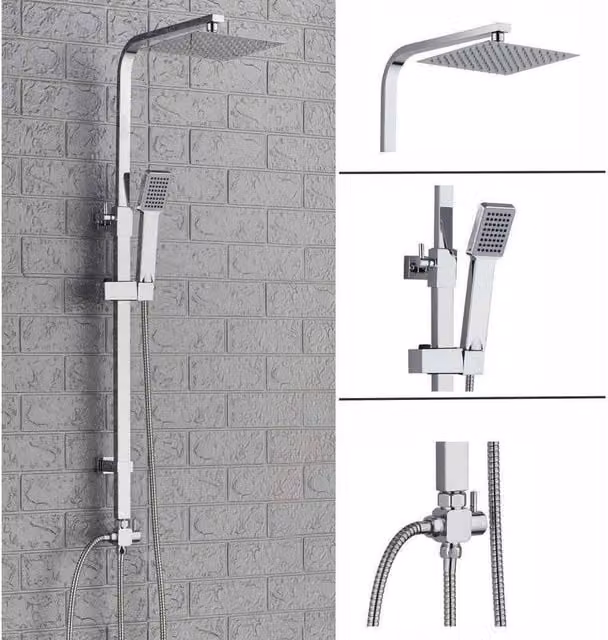 FLAVORA Square Chrome Twin Head Overhead Shower Kit with Rigid Column, Metallic Silver, W: 52 cm