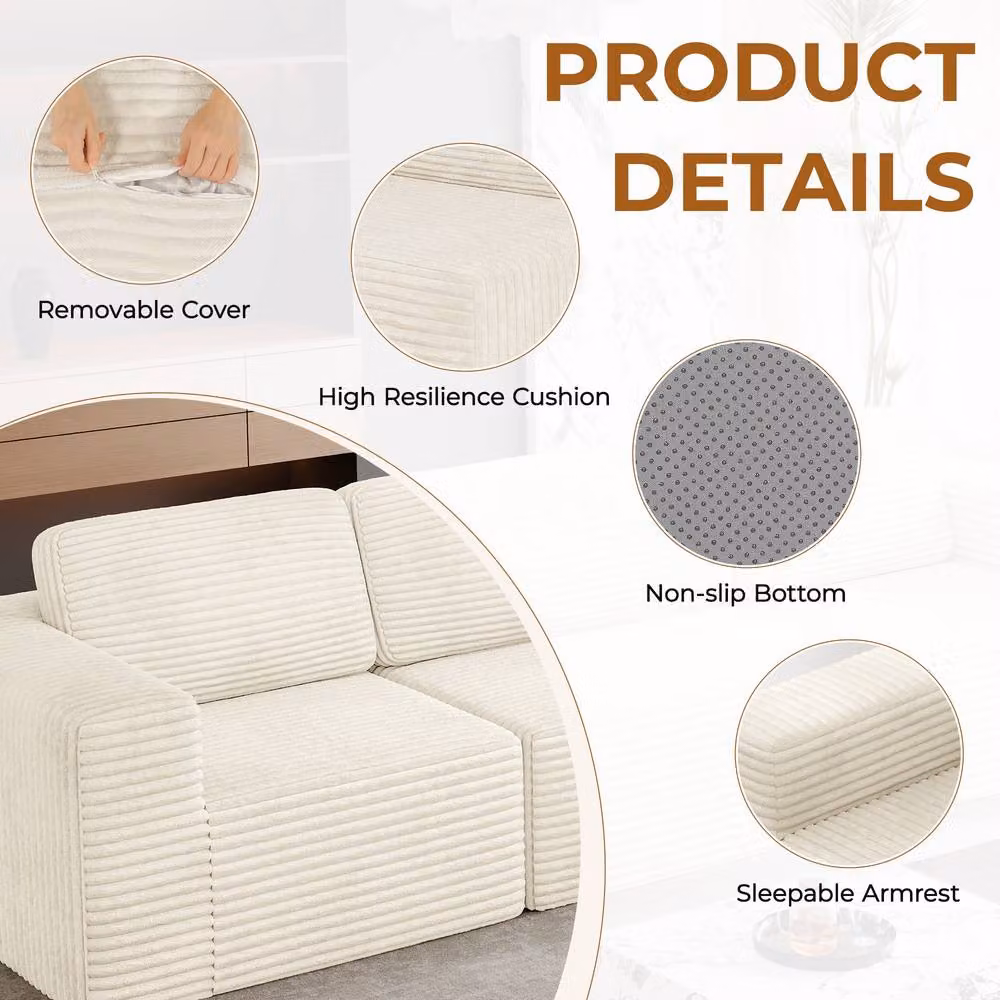 Dprodo Corduroy Modular L-Shape Sofa in Beige with Matching Ottoman – 4