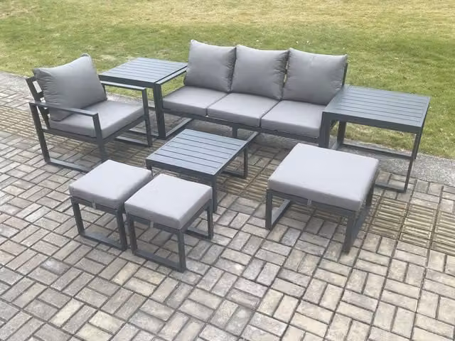 Fimous Dark Grey Aluminium Outdoor Garden Furniture Set with 3-Seater Sofa, Armchair, Coffee Table and 3 Footstools