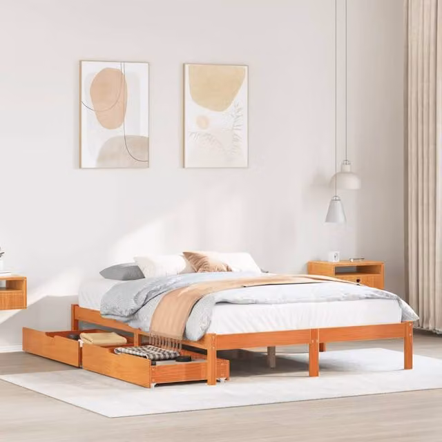 Berkfield Home Small Double Solid Wood Pine Bed Frame with Drawers, Wax Brown, W/D/H: 120 x 200 cm