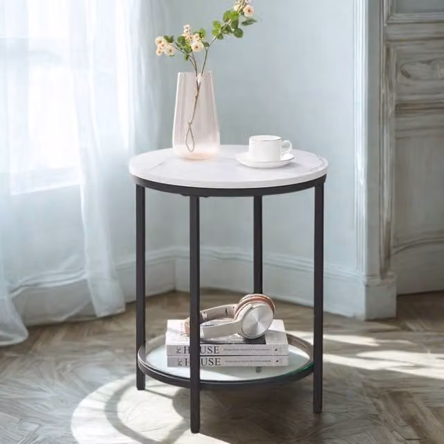 Pirlo Plush 2 Tier Round Faux Marble Accent Coffee Side Table in White, W/D/H: 45 x 45 x 55 cm – 1