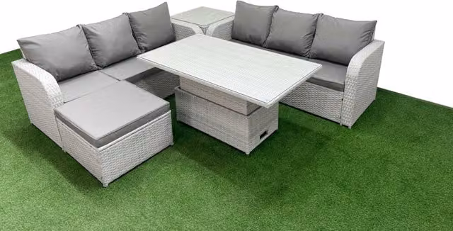 Fimous 7 Seater Grey Rattan Garden Furniture Set with L-Shape Sofa, Ottoman, and Adjustable Lifting Dining or Coffee Table – 1