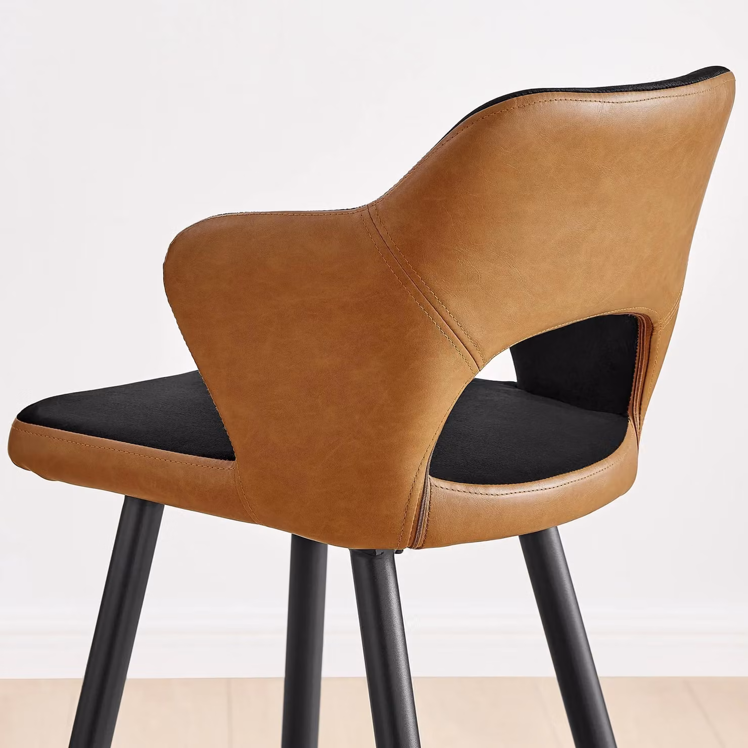 FurnitureboxUK Kai Set of 2 Black Velvet and Tan Faux Leather Counter Stools with Black Legs – 3
