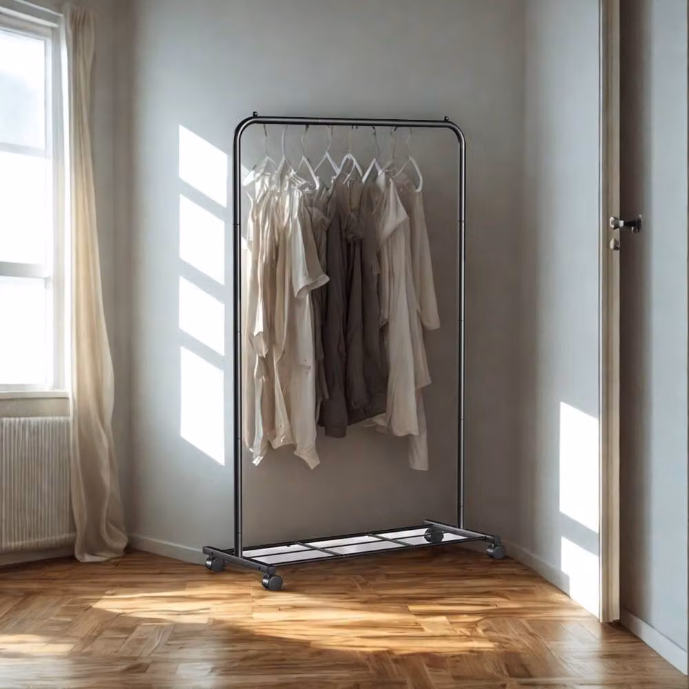 Pirlo Plush Metal Clothes Rail with Storage Shelf on Wheels in Matt Black – 3