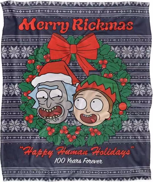 Warner Brothers Rick & Morty Merry Rickmas Ugly Christmas Sweater Throw Blanket, White/Multicolour, W: 152 cm, D: 127 cm