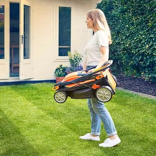 LawnMaster 34cm Electric Lawnmower in Orange with Fixed Steel Blade and Collection Bag – 7