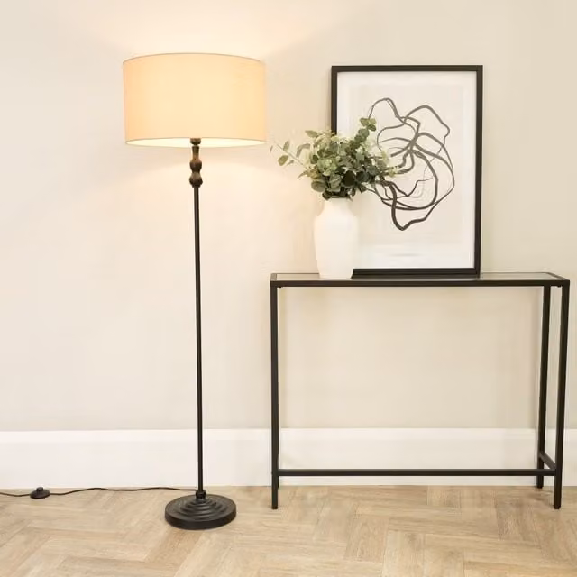 ValueLights Maggie Black Metal Candlestick Floor Lamp with Beige Fabric Cylinder Shade and LED Bulb