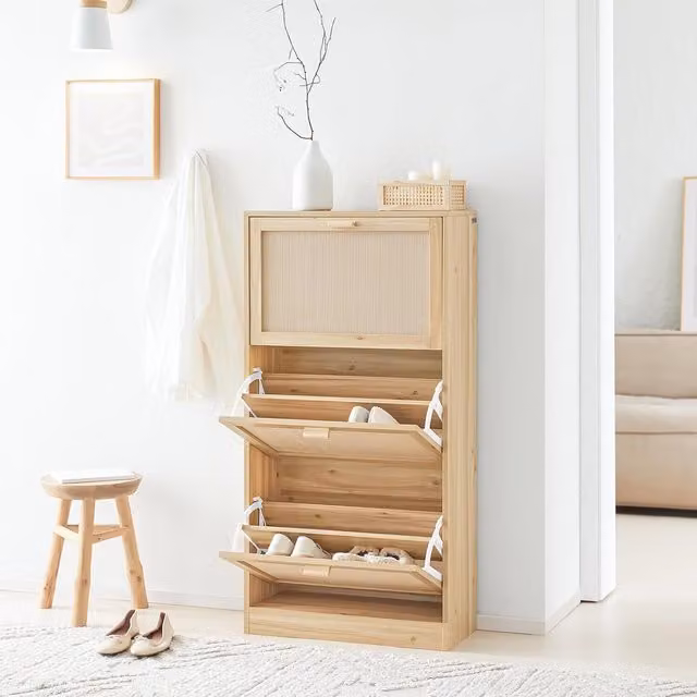 SoBuy Modern Wooden Shoe Storage Bench with Fabric Seat Cushion and Sliding Doors in Natural Brown