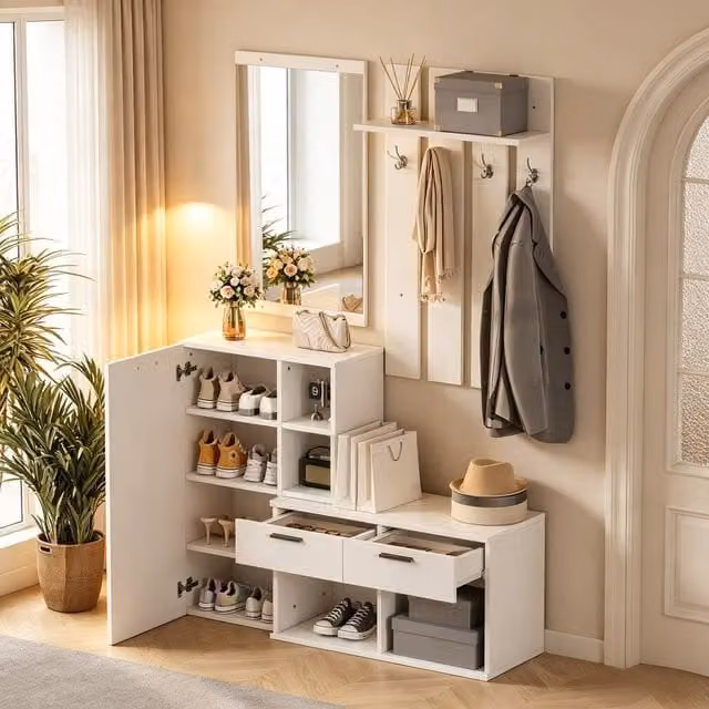 Merax Modern White Hallway Furniture Set with Mirror and Shoe Cabinet, H 175.5 x W 120 x D 35 cm