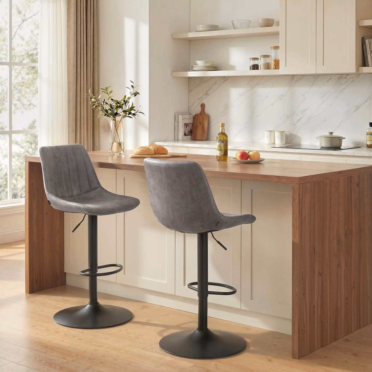 HOMCOM Set of 2 Grey Leather Upholstered Breakfast Bar Stools with Back and Swivel Seat – 2
