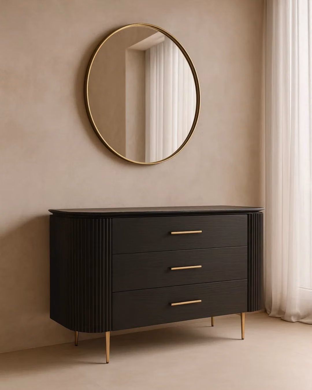 Tommy Franks Modern Black Oak Dresser with Gold Accents and Soft Close Drawers, H: 80 cm, W: 140 cm, D: 50 cm