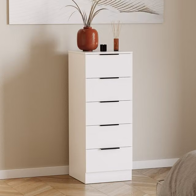Vida Designs Trega 5 Drawer Narrow Chest of Drawers, White