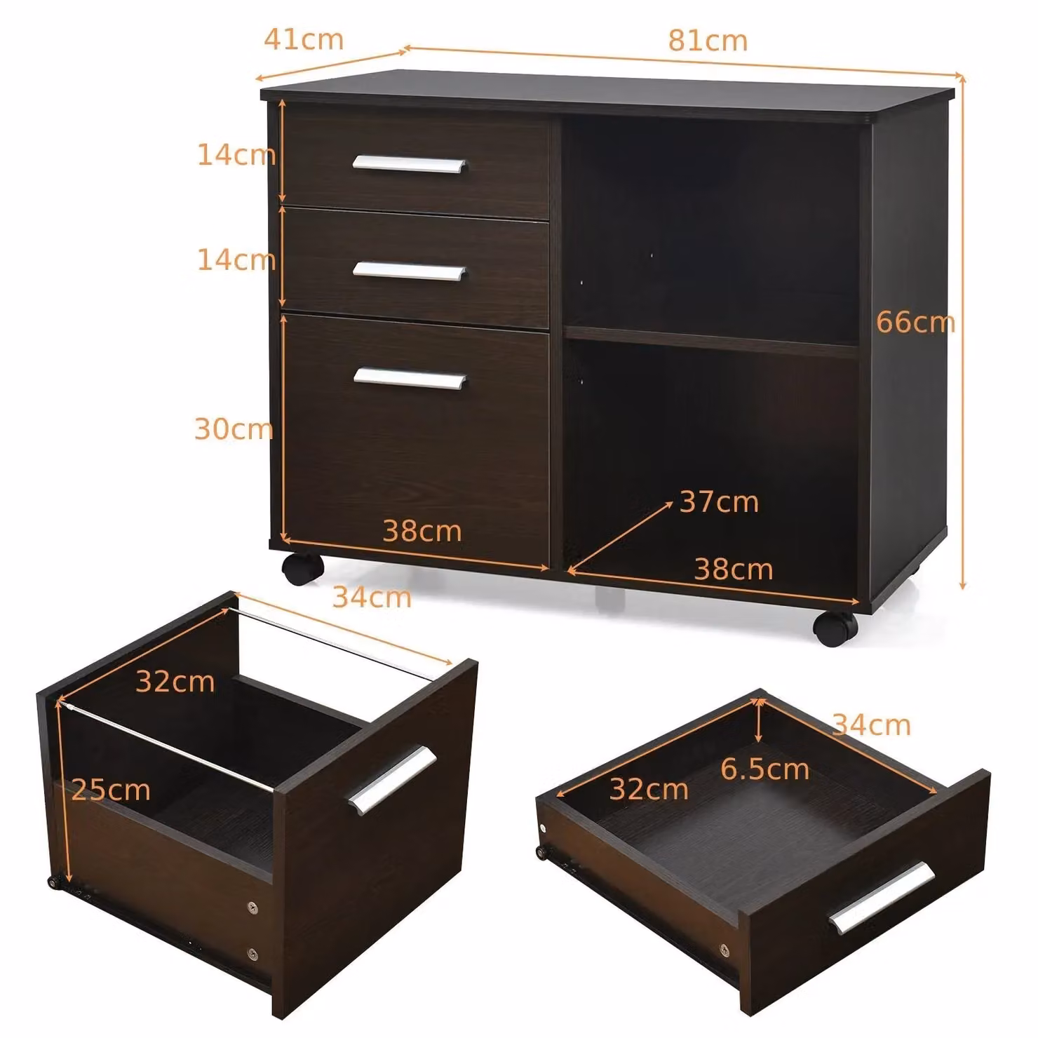 Costway 3-Drawer Mobile Printer Stand and Lateral Filing Cabinet with Hanging Bars in Brown – 2