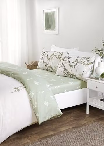 Rapport Home Green and White Floral Microfibre Single Duvet Cover Set with Fitted Sheet and Pillowcase – 1