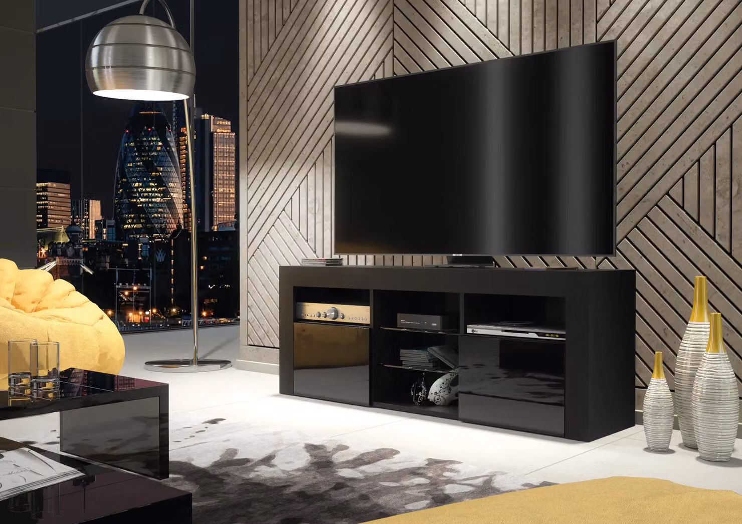 Creative Furniture Pulse TV Unit in Black with Glossy Doors and LED Lights, W: 145 cm, H: 53 cm, D: 35 cm – 5