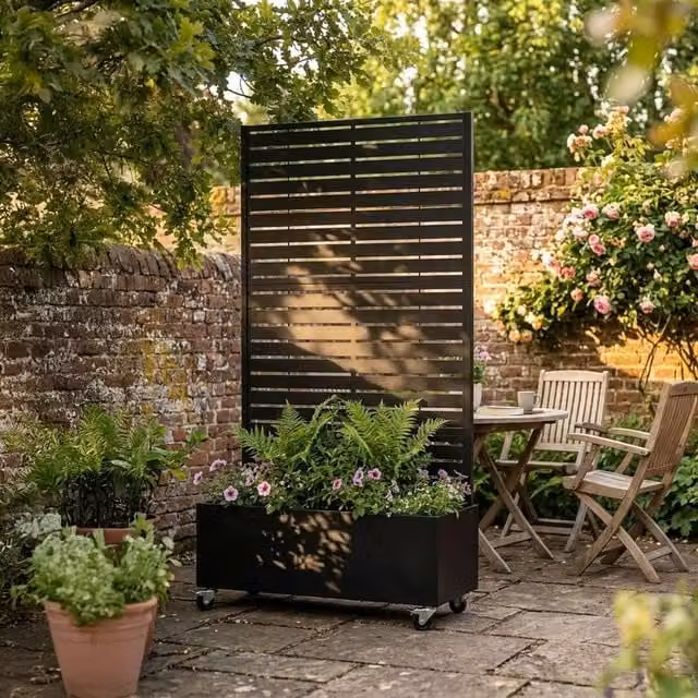 Nicoman Metal Indoor Outdoor Privacy Screen with Plant Pot, Horizontal Slats, Black, H 180 x W 90 x D 40 cm