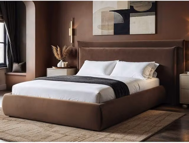 Solace+Co Sigrid Chocolate Brown Velvet Upholstered Ottoman Bed with Cushion Headboard, W/D/H: 140 x 200 cm – 1