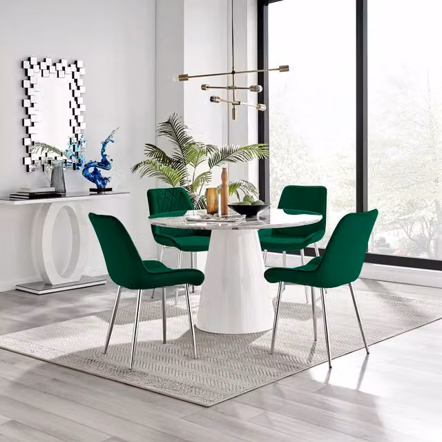 Furniturebox Palma Round White Marble Effect Dining Table and Pesaro Silver Chairs with Green Velvet