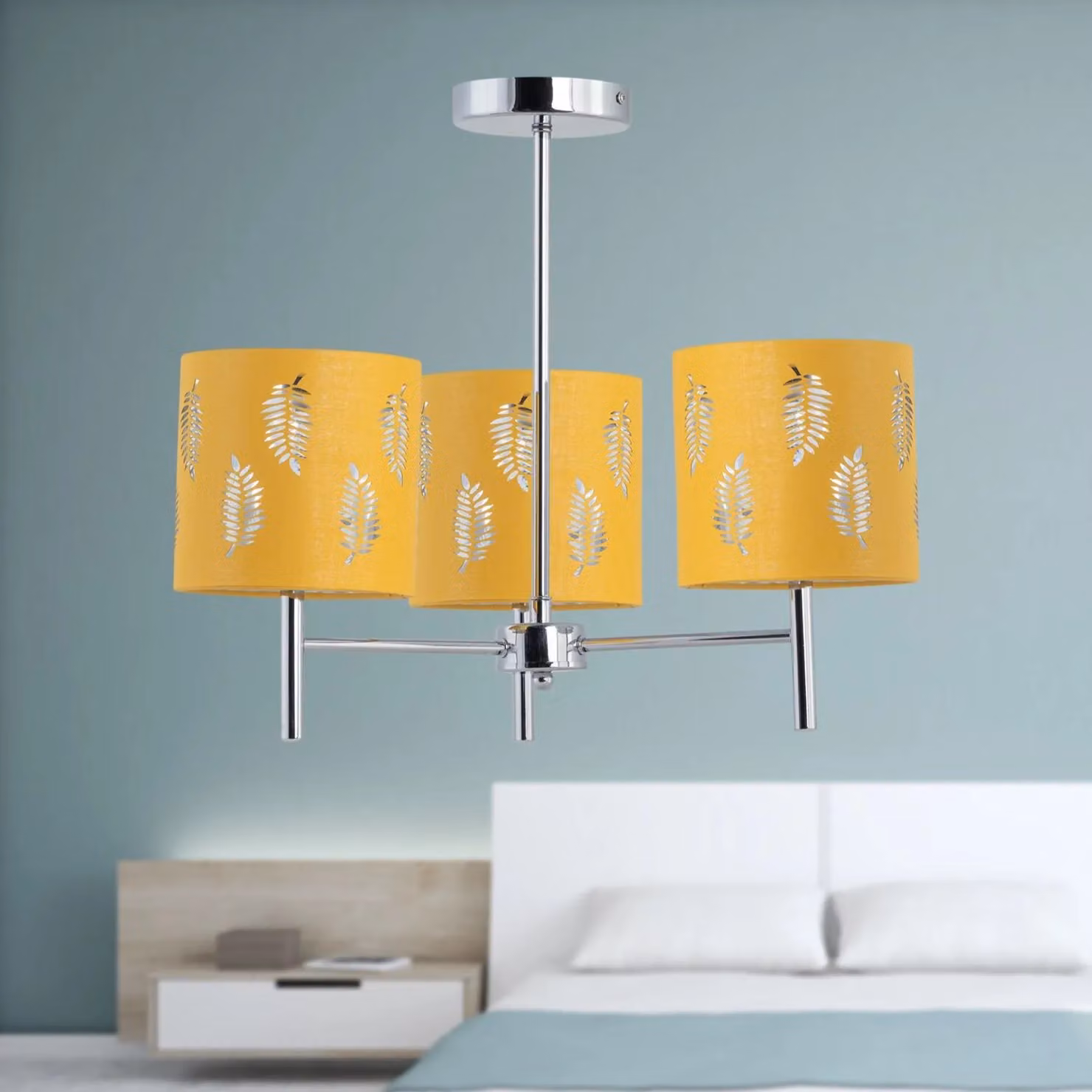 First Choice Lighting Brea Set of 2 Chrome Ceiling Light Fittings with Ochre Fabric Fern Shades – 2